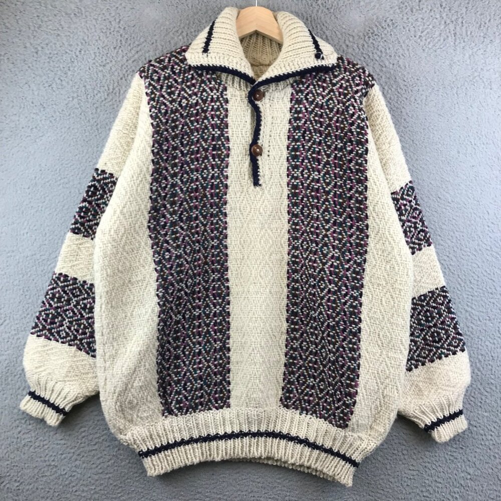 Vintage Hand-Knit Wool Sweater With Patterned Stripes & Buttoned Collar L
